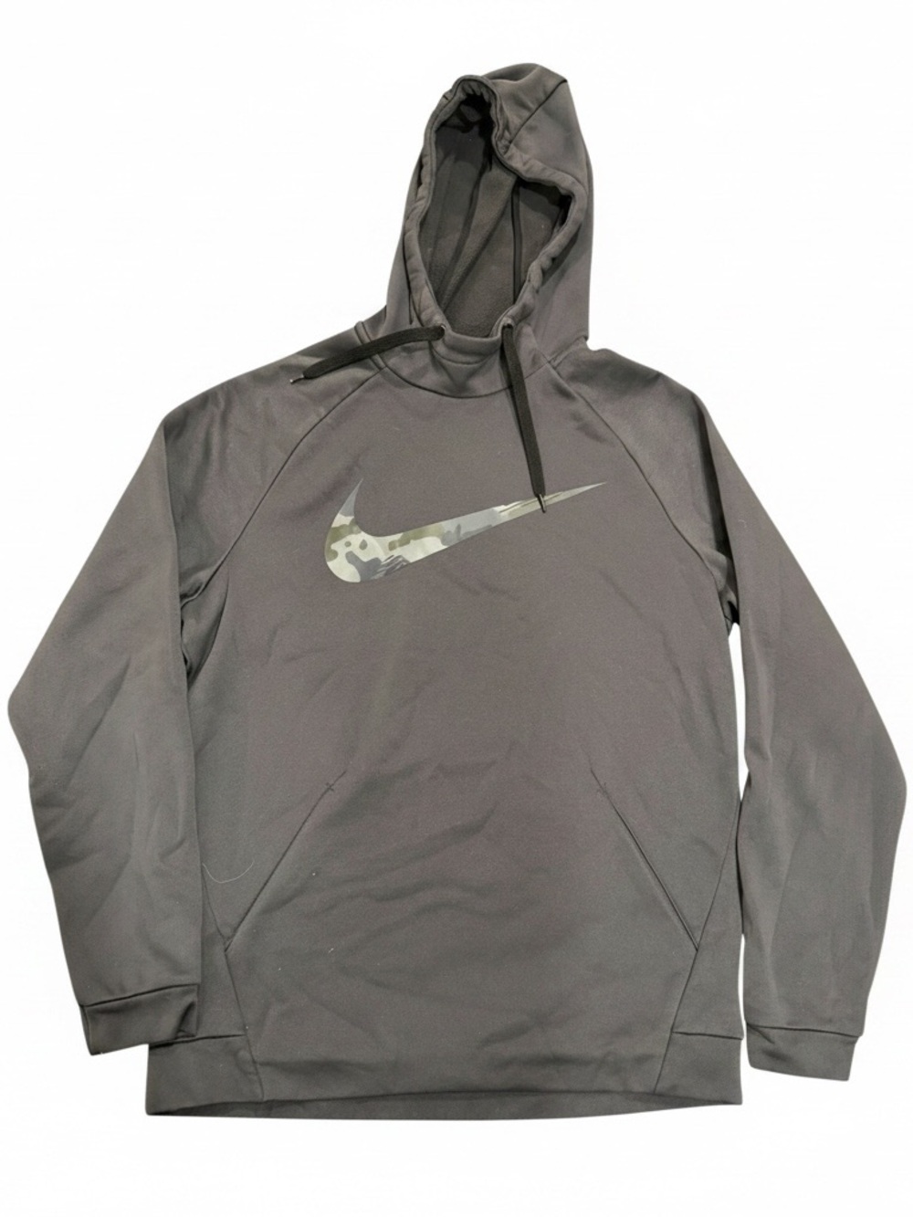Nike Dri-FIT Fleece Pullover Hoodie Gray Hooded Pockets Camo Swoosh Men M